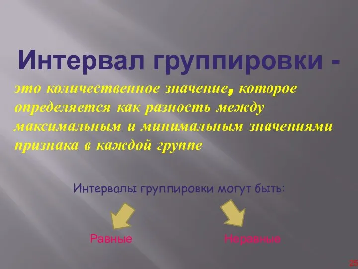 Интервал группировки - это количественное значение, которое определяется как разность между