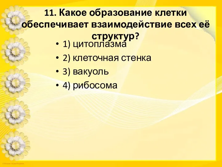 11. Какое образование клетки обеспечивает взаимодействие всех её структур? 1) цитоплазма