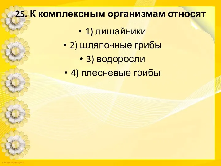 25. К комплексным организмам относят 1) лишайники 2) шляпочные грибы 3) водоросли 4) плесневые грибы