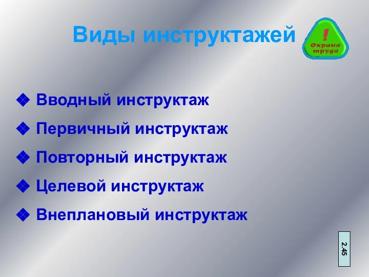 Виды инструктажей Вводный инструктаж Первичный инструктаж Повторный инструктаж Целевой инструктаж Внеплановый инструктаж 2.45