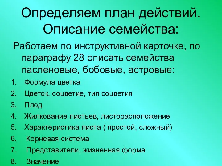 Определяем план действий. Описание семейства: Работаем по инструктивной карточке, по параграфу