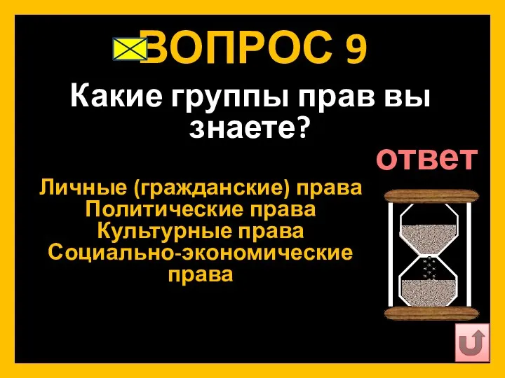 ВОПРОС 9 Какие группы прав вы знаете? Личные (гражданские) права Политические