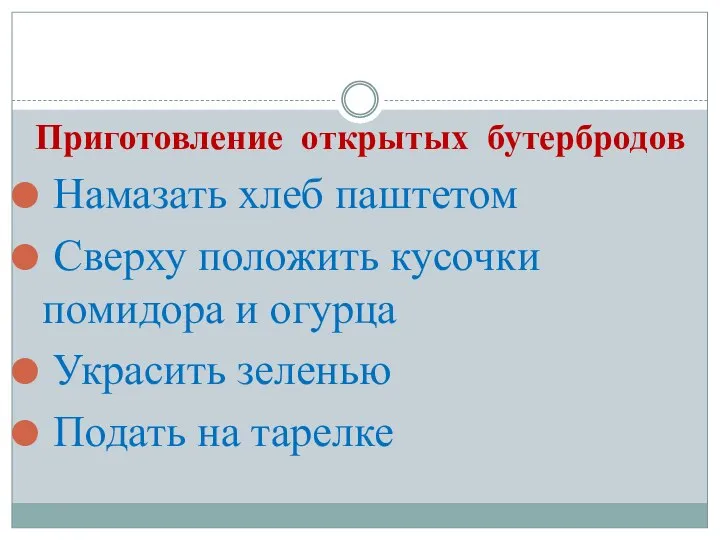 Приготовление открытых бутербродов Намазать хлеб паштетом Сверху положить кусочки помидора и