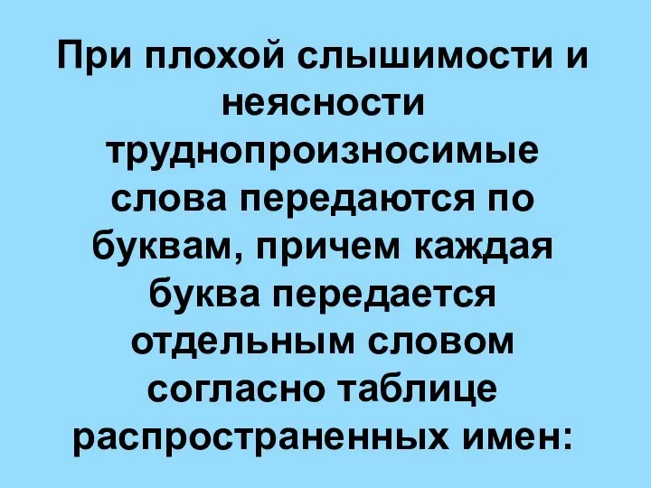 При плохой слышимости и неясности труднопроизносимые слова передаются по буквам, причем