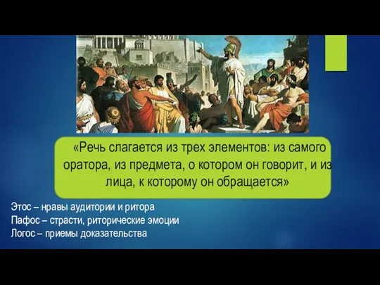 «Речь слагается из трех элементов: из самого оратора, из предмета, о