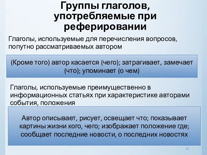 Группы глаголов, употребляемые при реферировании Глаголы, используемые для перечисления вопросов, попутно