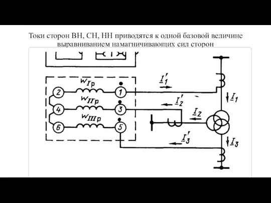 Токи сторон ВН, СН, НН приводятся к одной базовой величине выравниванием намагничивающих сил сторон