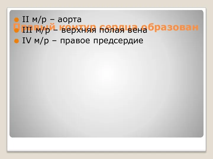 Правый контур сердца образован II м/р – аорта III м/р –