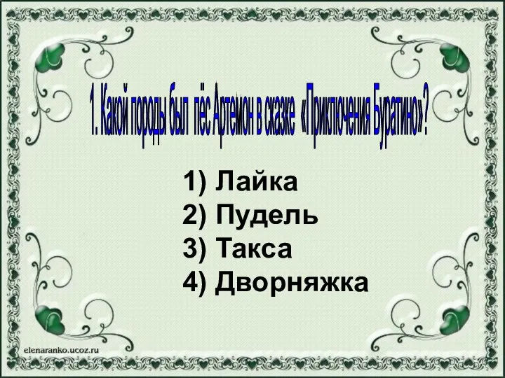 1) Лайка 2) Пудель 3) Такса 4) Дворняжка 1. Какой породы