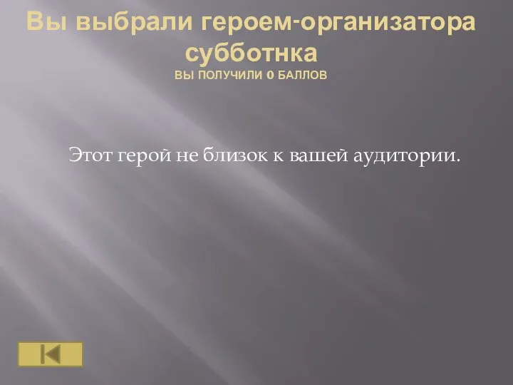 Вы выбрали героем-организатора субботнка ВЫ ПОЛУЧИЛИ 0 БАЛЛОВ Этот герой не близок к вашей аудитории.