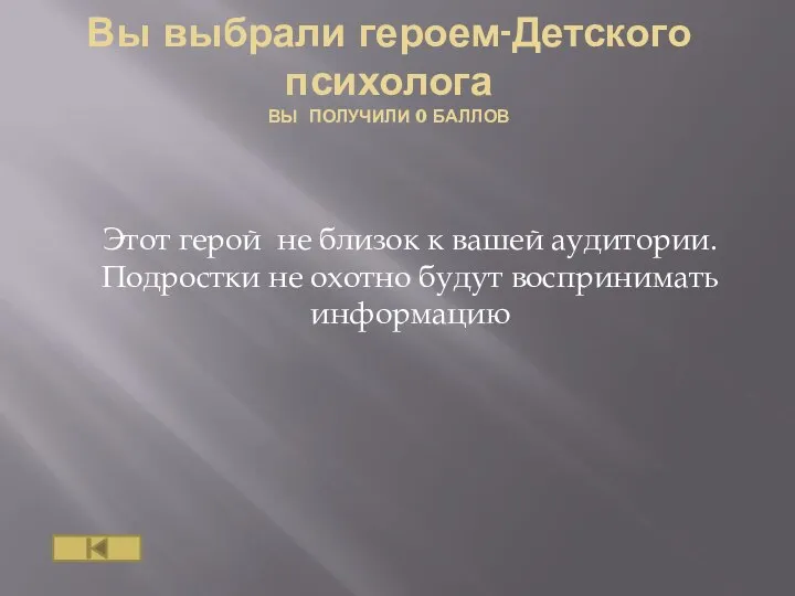 Вы выбрали героем-Детского психолога ВЫ ПОЛУЧИЛИ 0 БАЛЛОВ Этот герой не