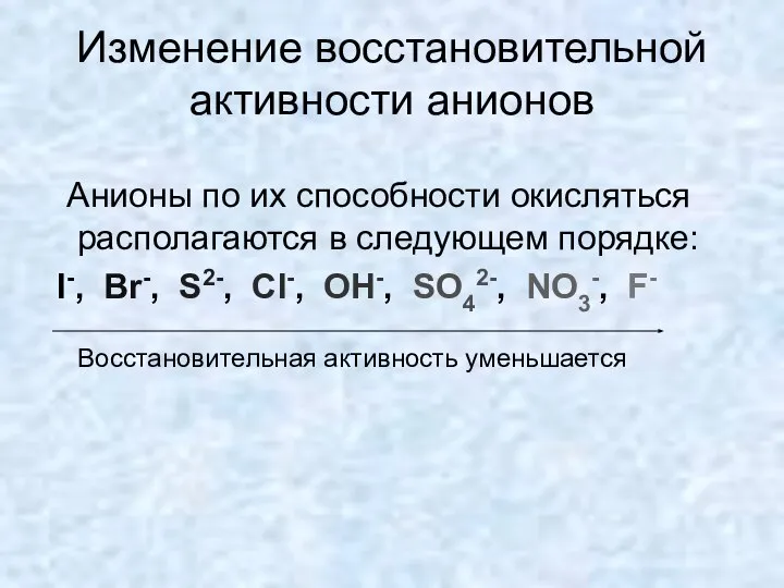 Изменение восстановительной активности анионов Анионы по их способности окисляться располагаются в