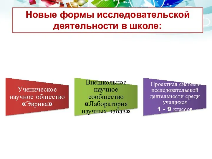 Ученическое научное общество «Эврика» Внешкольное научное сообщество «Лаборатория научных забав» Проектная