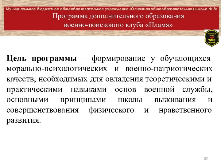 Муниципальное бюджетное общеобразовательное учреждение «Основная общеобразовательная школа № 8» Программа дополнительного