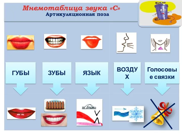 Мнемотаблица звука «С» Артикуляционная поза ГУБЫ ЗУБЫ Голосовые связки ЯЗЫК ВОЗДУХ