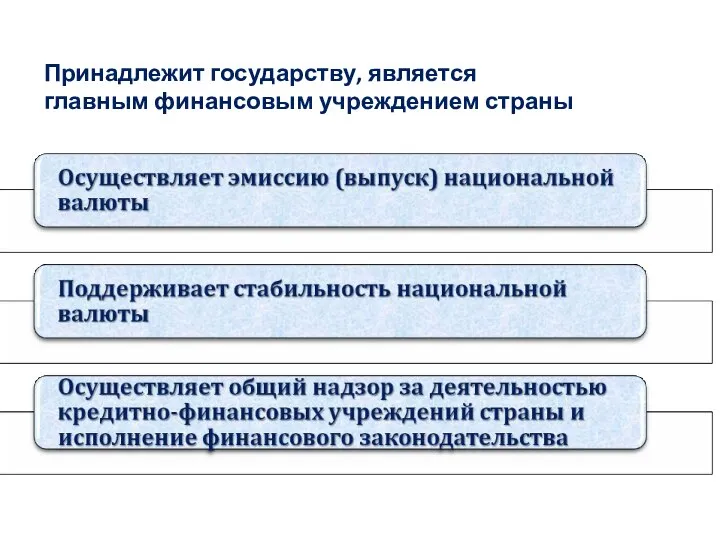 Принадлежит государству, является главным финансовым учреждением страны