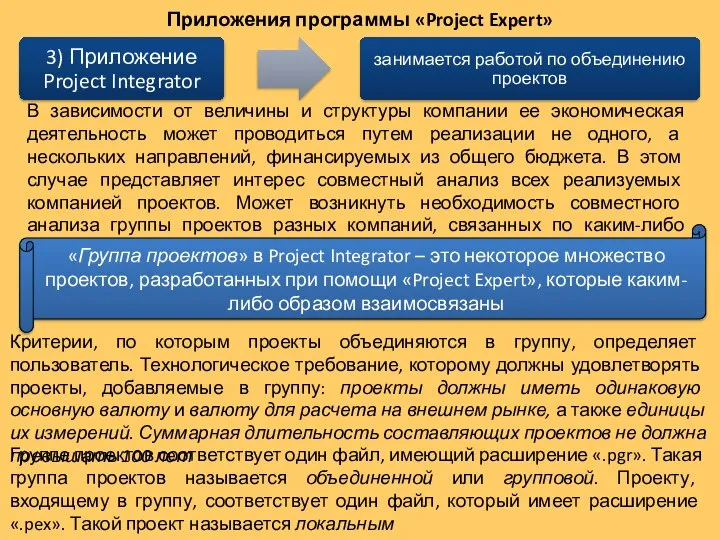 Приложения программы «Project Expert» В зависимости от величины и структуры компании