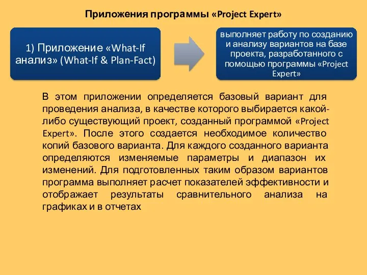 Приложения программы «Project Expert» В этом приложении определяется базовый вариант для