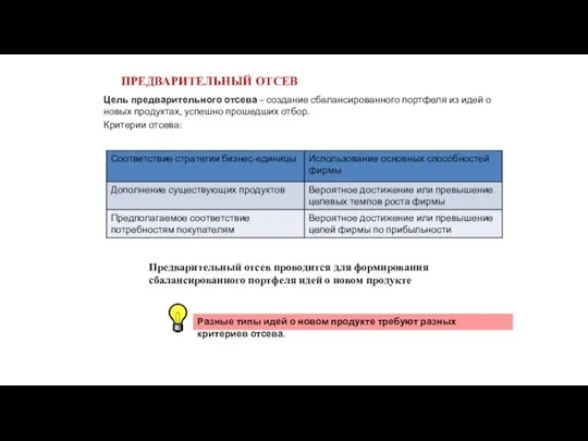 ПРЕДВАРИТЕЛЬНЫЙ ОТСЕВ Цель предварительного отсева – создание сбалансированного портфеля из идей