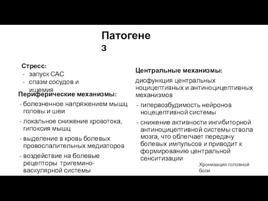 Патогенез Периферические механизмы: болезненное напряжением мышц головы и шеи локальное снижение