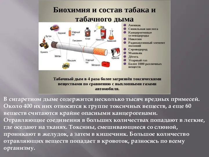 В сигаретном дыме содержится несколько тысяч вредных примесей. Около 400 их