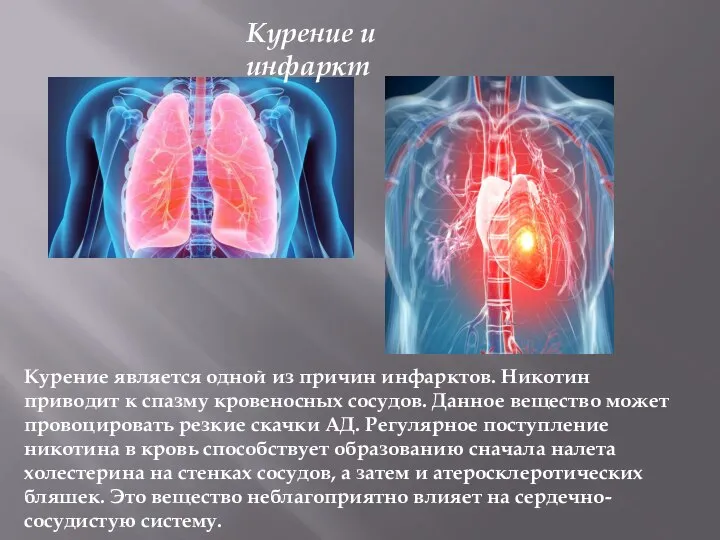 Курение является одной из причин инфарктов. Никотин приводит к спазму кровеносных