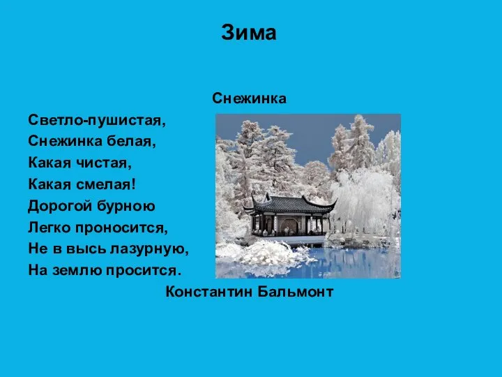 Зима Снежинка Светло-пушистая, Снежинка белая, Какая чистая, Какая смелая! Дорогой бурною