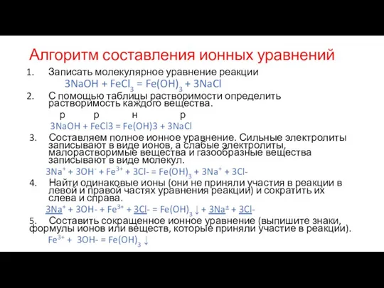 Алгоритм составления ионных уравнений Записать молекулярное уравнение реакции 3NaOH + FeCl3