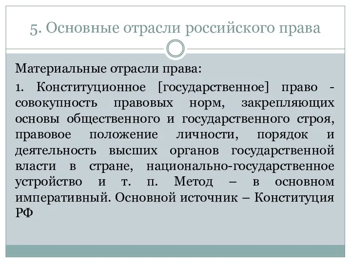 5. Основные отрасли российского права Материальные отрасли права: 1. Конституционное [государственное]