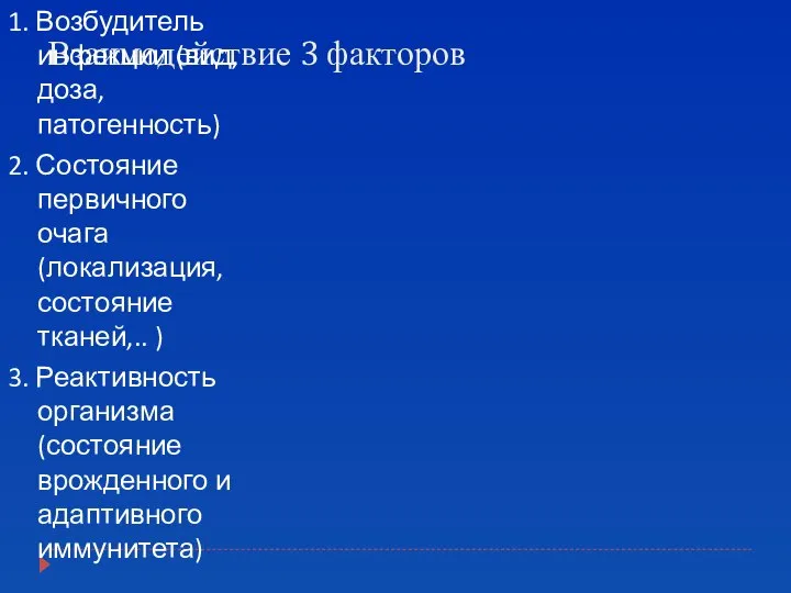 Взаимодействие 3 факторов 1. Возбудитель инфекции (вид, доза, патогенность) 2. Состояние