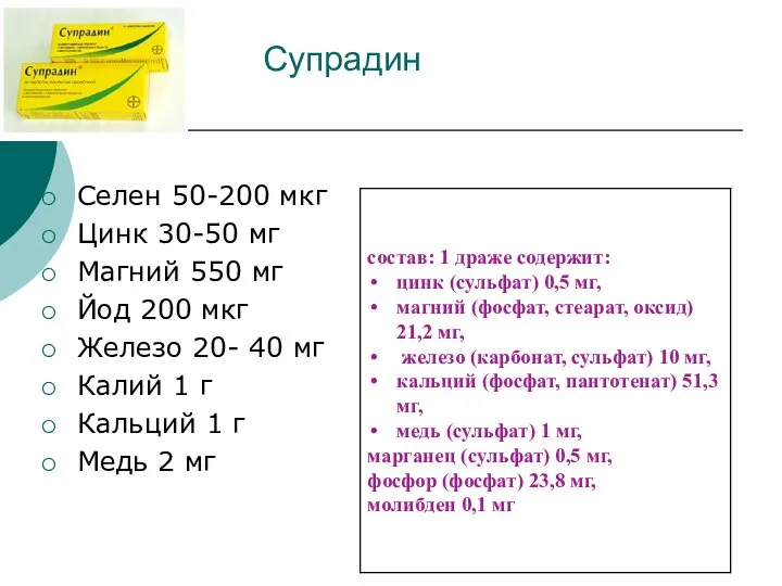 Супрадин Селен 50-200 мкг Цинк 30-50 мг Магний 550 мг Йод