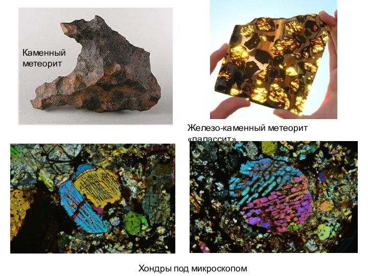 Железо-каменный метеорит «палассит» Каменный метеорит Хондры под микроскопом