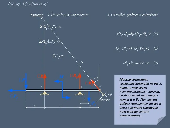 Решение: 5. Направим оси координат и составим уравнения равновесия: ΣМЕ(Fi)=0: 2P1-5P2+M-4P3+3RB=0