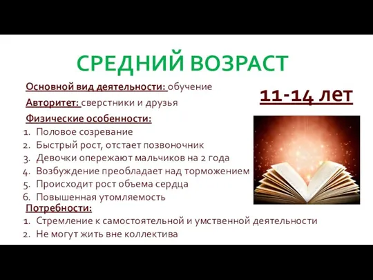 СРЕДНИЙ ВОЗРАСТ Основной вид деятельности: обучение Авторитет: сверстники и друзья Физические