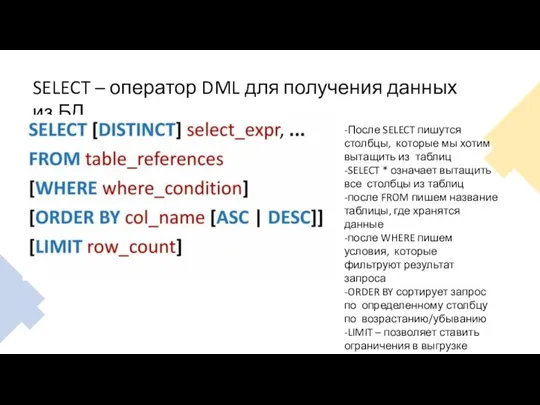 SELECT – оператор DML для получения данных из БД -После SELECT