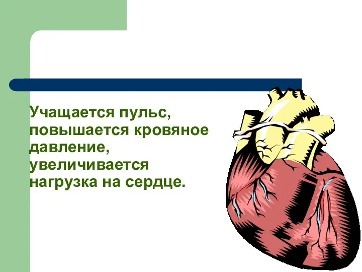 Учащается пульс, повышается кровяное давление, увеличивается нагрузка на сердце.