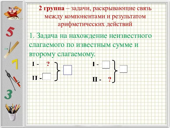 2 группа – задачи, раскрывающие связь между компонентами и результатом арифметических