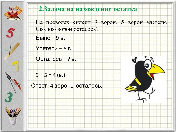 На проводах сидели 9 ворон. 5 ворон улетели. Сколько ворон осталось?