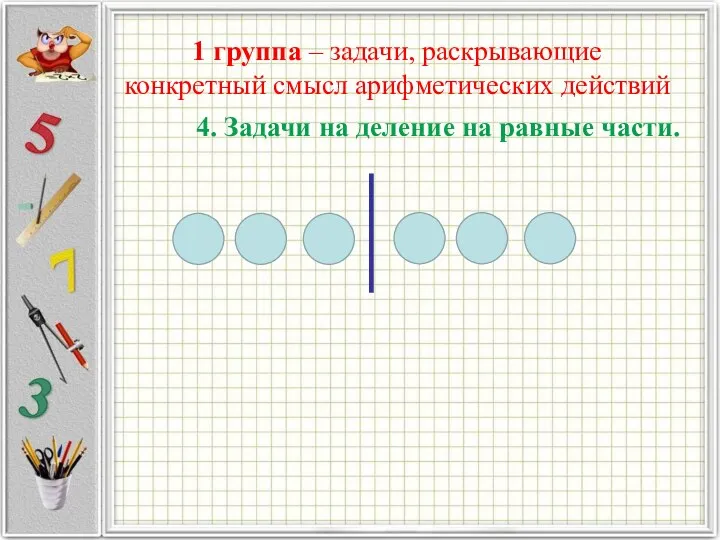 1 группа – задачи, раскрывающие конкретный смысл арифметических действий 4. Задачи на деление на равные части.