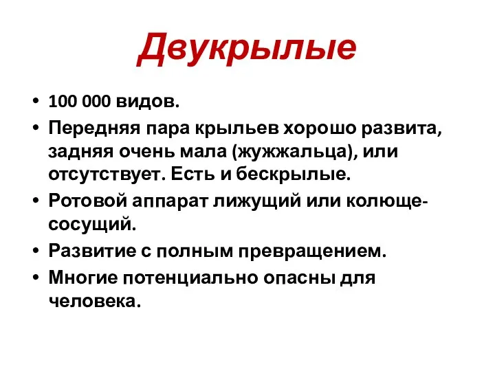 Двукрылые 100 000 видов. Передняя пара крыльев хорошо развита, задняя очень