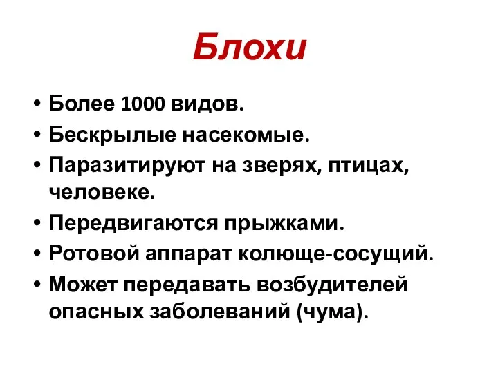 Блохи Более 1000 видов. Бескрылые насекомые. Паразитируют на зверях, птицах, человеке.