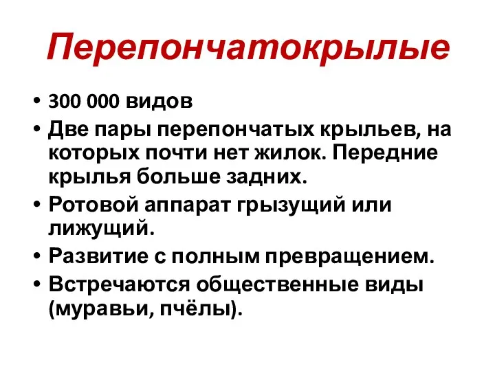 Перепончатокрылые 300 000 видов Две пары перепончатых крыльев, на которых почти