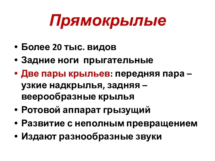 Прямокрылые Более 20 тыс. видов Задние ноги прыгательные Две пары крыльев: