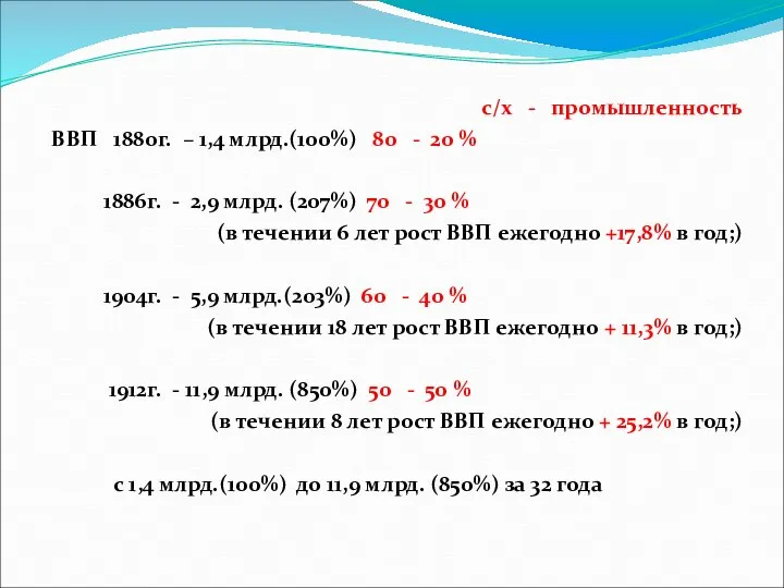 с/х - промышленность ВВП 1880г. – 1,4 млрд.(100%) 80 - 20