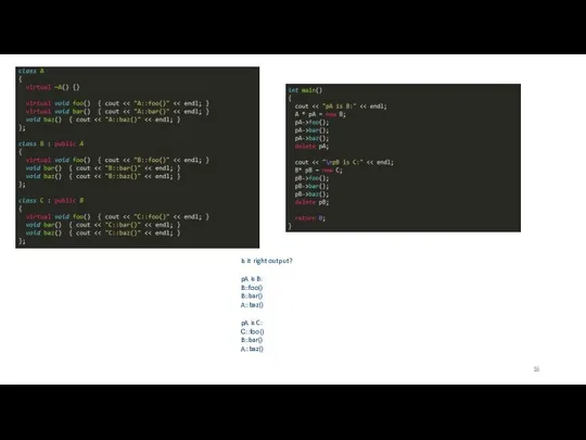 Is it right output? pA is B: B::foo() B::bar() A::baz() pA is C: С::foo() B::bar() A::baz()