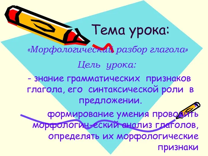 Тема урока: Цель урока: - знание грамматических признаков глагола, его синтаксической