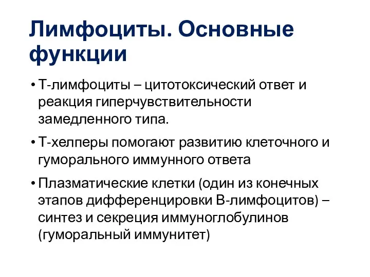 Лимфоциты. Основные функции Т-лимфоциты – цитотоксический ответ и реакция гиперчувствительности замедленного