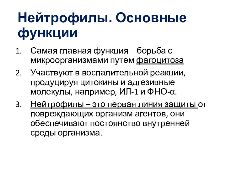 Нейтрофилы. Основные функции Самая главная функция – борьба с микроорганизмами путем