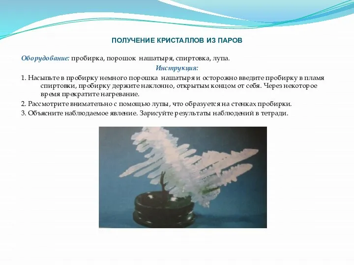 ПОЛУЧЕНИЕ КРИСТАЛЛОВ ИЗ ПАРОВ Оборудование: пробирка, порошок нашатыря, спиртовка, лупа. Инструкция: