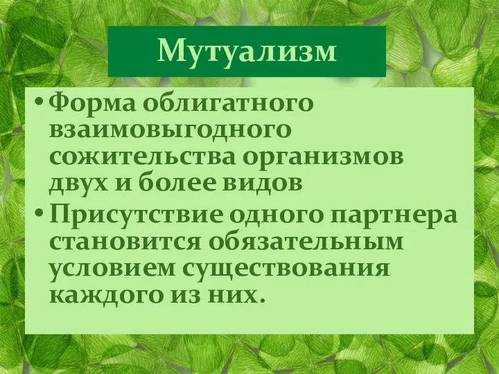 Мутуализм Форма облигатного взаимовыгодного сожительства организмов двух и более видов Присутствие